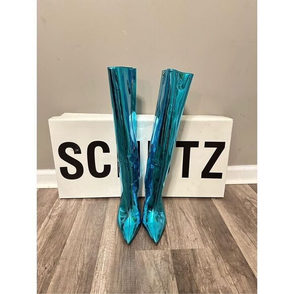 Schutz Mary Mary Up Turquoise Metallic Leather Pointed-Toe Knee-High Boots - Picture 6 of 12